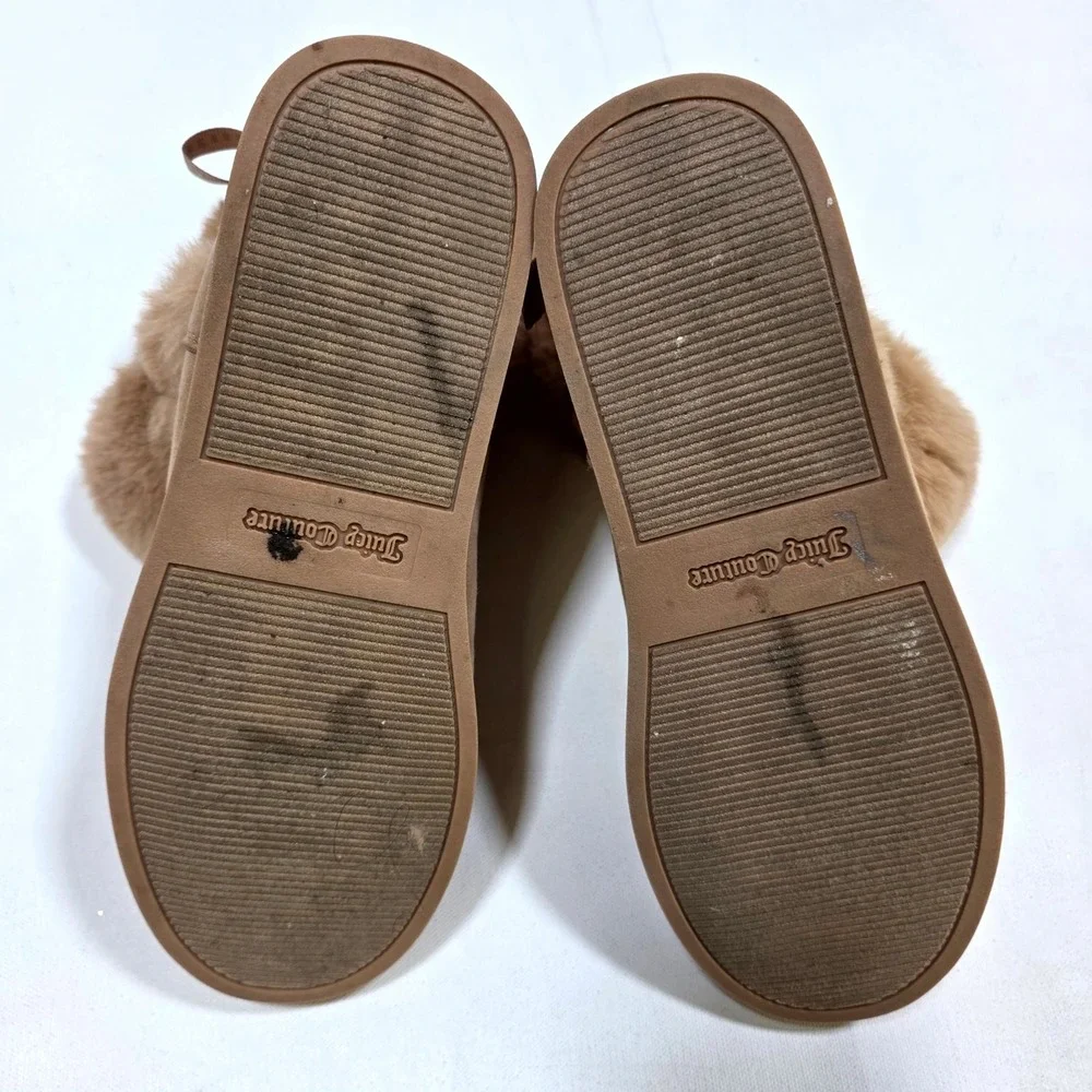 Juicy Couture King Boots Womens 9.5 Tan Faux Fur Bow Back Winter Ankle Booties